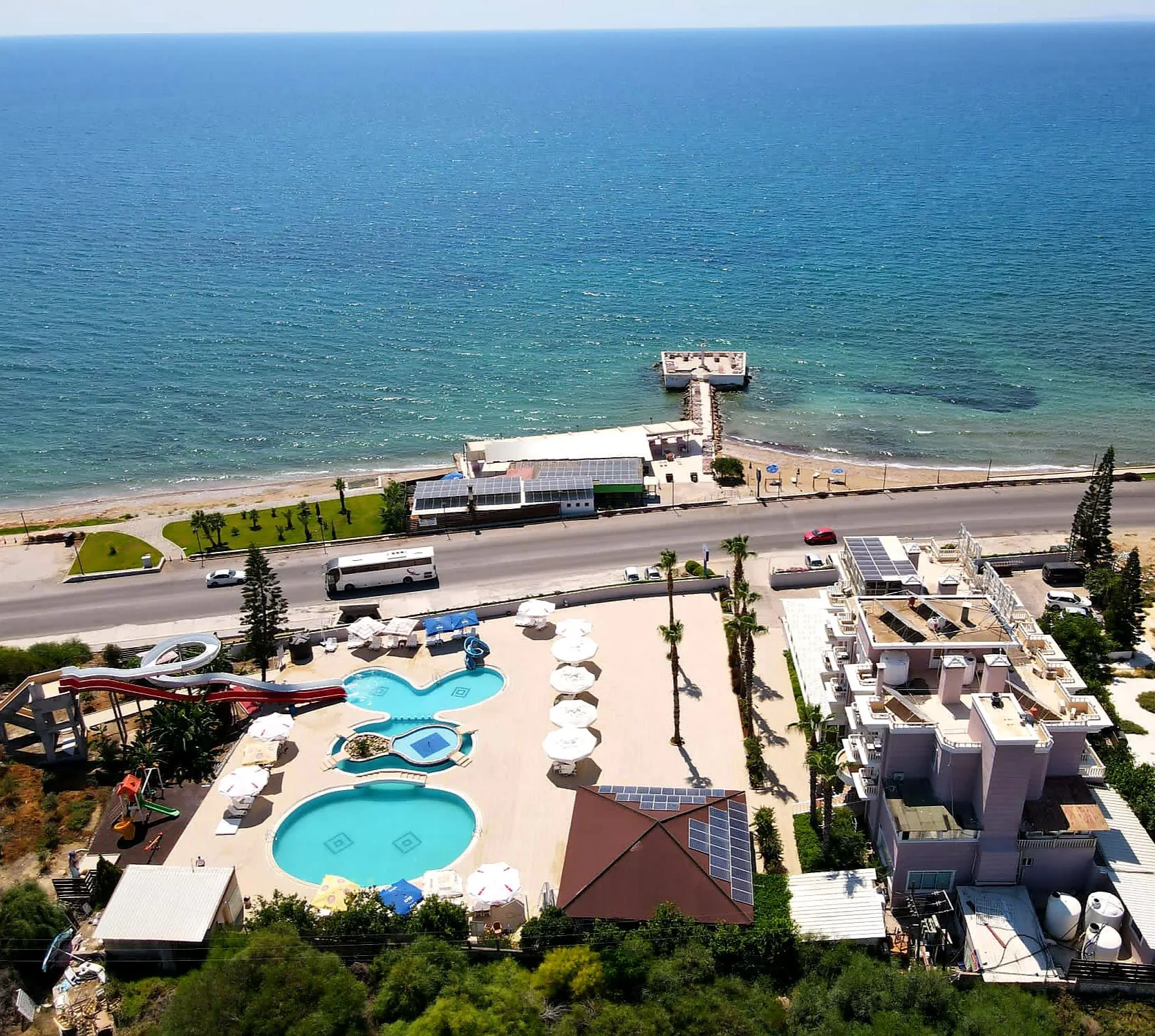 The hotel and the coast from above