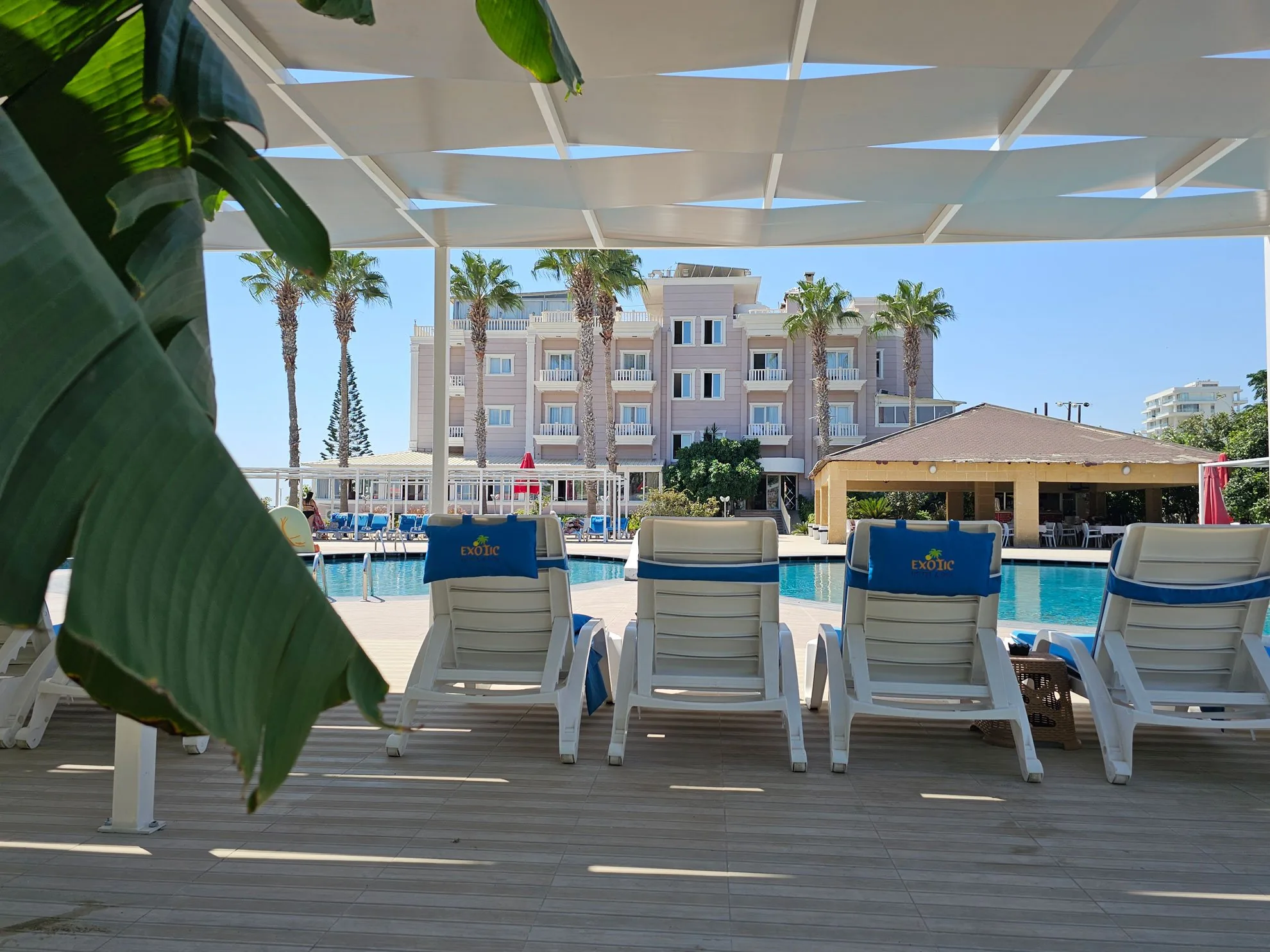 The pool seen from the shaded deck